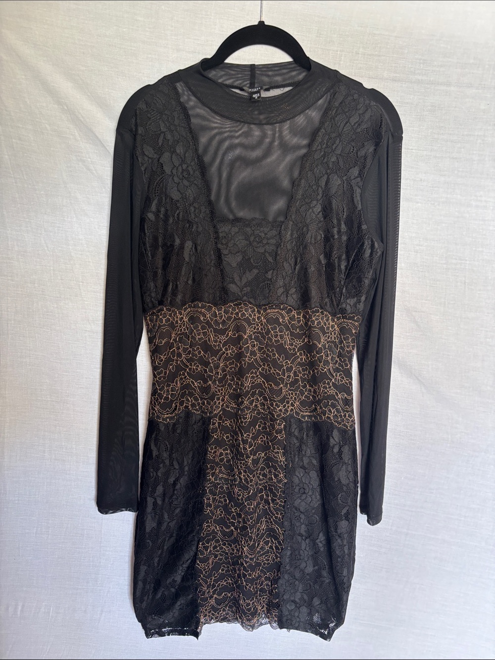 Guess Black Long-Sleeve Lace Dress with Tan Underlay